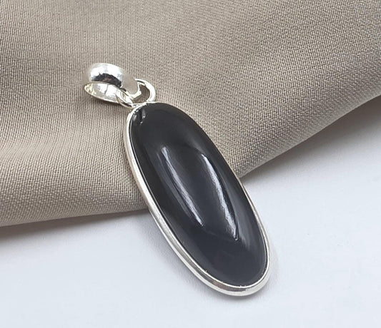 925 Sterling Silver Black Onyx Pendant, Long Oval Cabochon Gemstone Necklace
