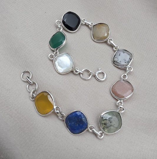 925 Sterling Silver Multi Stone Bracelet Natural Gemstone Cushion Link Jewelry