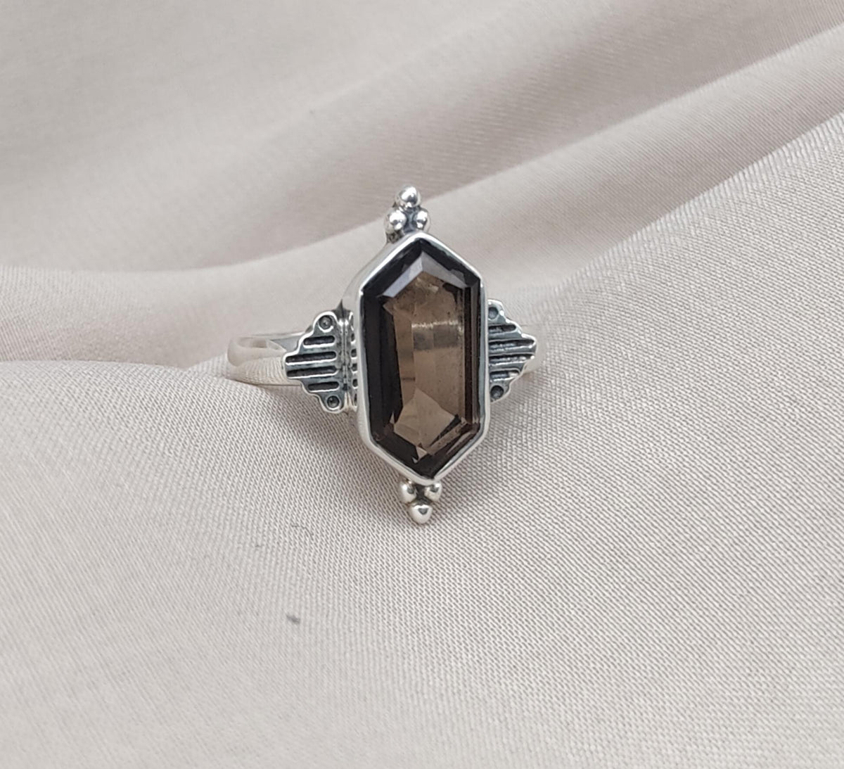 Smoky Quartz Sterling Silver Ring: Hexagon Gemstone, Boho Jewelry