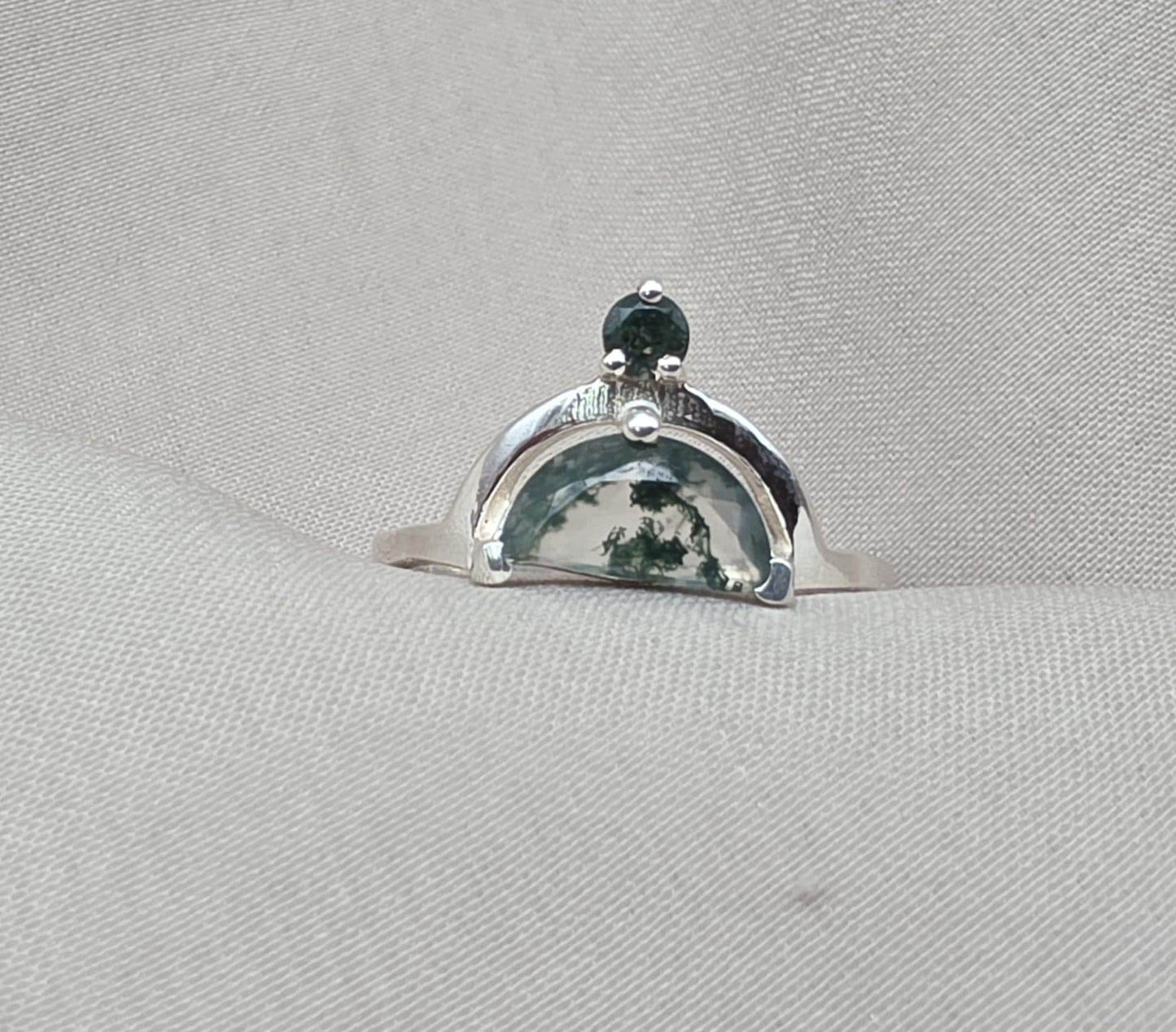 Moss Agate Ring 925 Silver Dual Stone Statement Ring Nature Gemstone