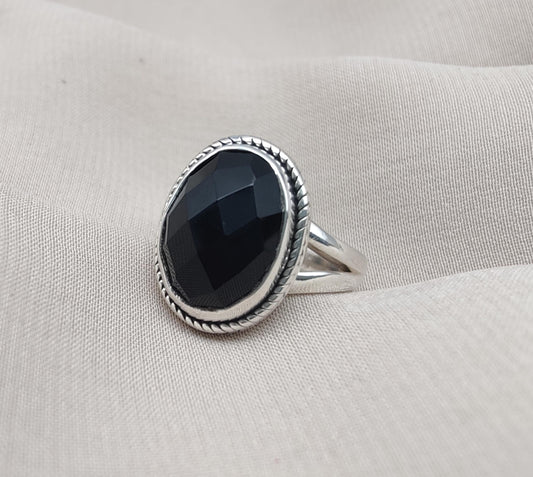 Black Onyx Ring: Faceted Oval Gemstone, 925 Sterling Silver, Boho Protection Jewelry