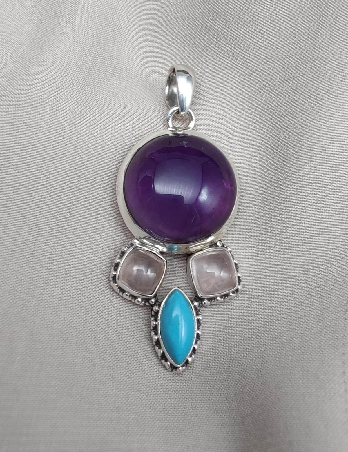 Amethyst Rose Quartz Turquoise Pendant: 925 Silver Healing Crystal Boho Necklace