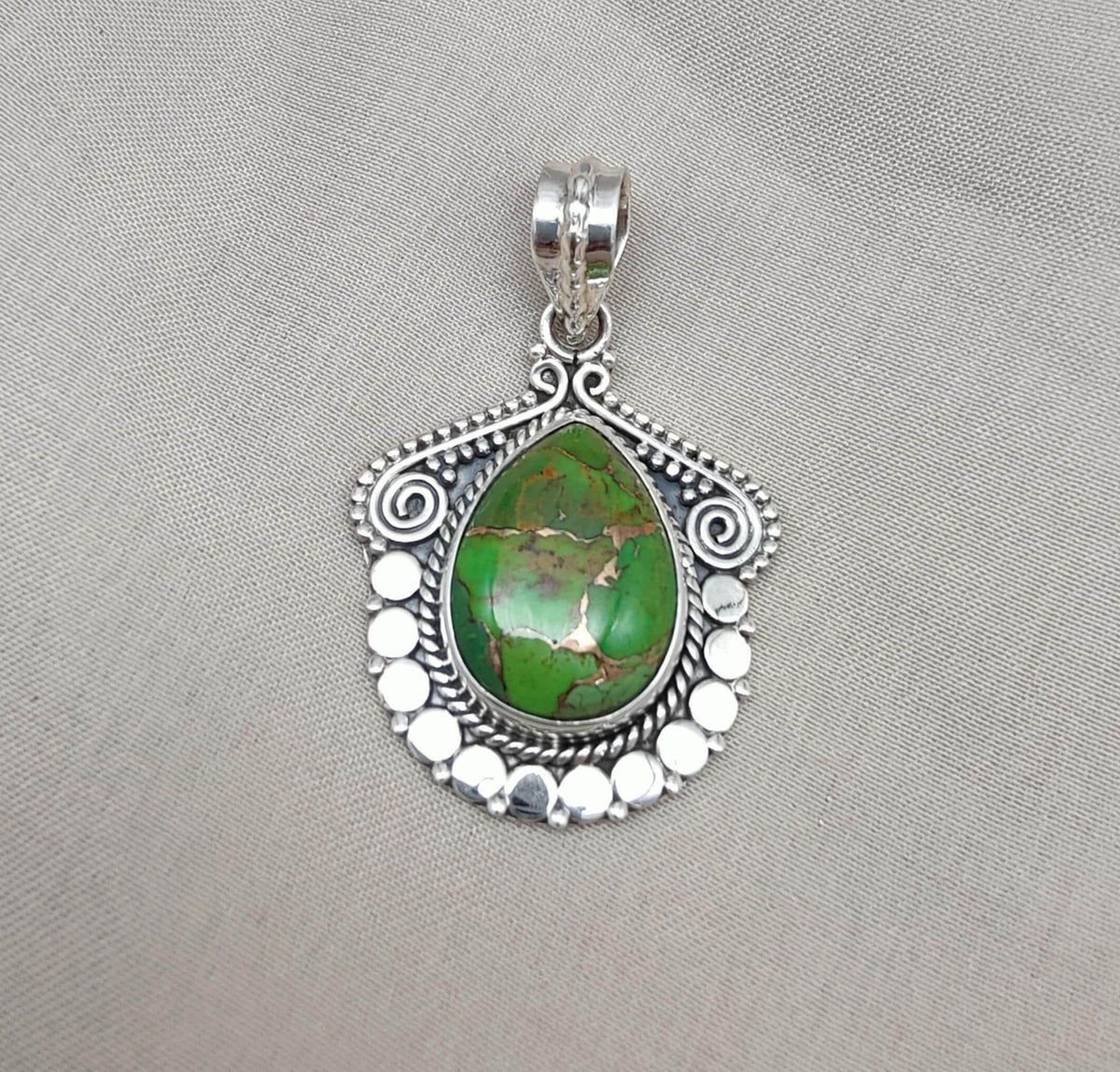 Green Copper Turquoise Pendant Necklace: 925 Sterling Silver Boho Jewelry