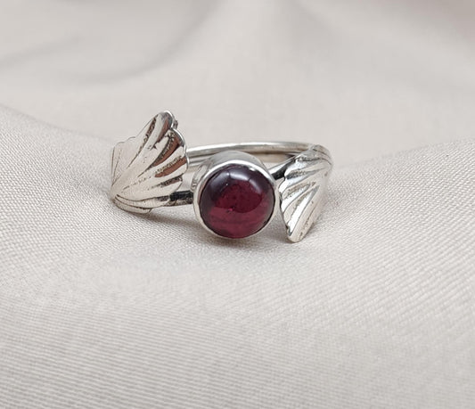 Red Garnet 925 Sterling Silver Ring – Adjustable Leaf Design, Natural Gemstone January Birthstone Jewelry