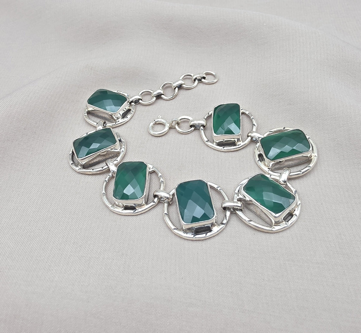 925 Sterling Silver Green Onyx Bracelet Bold Statement Gemstone Link Bracelet Gift for Her