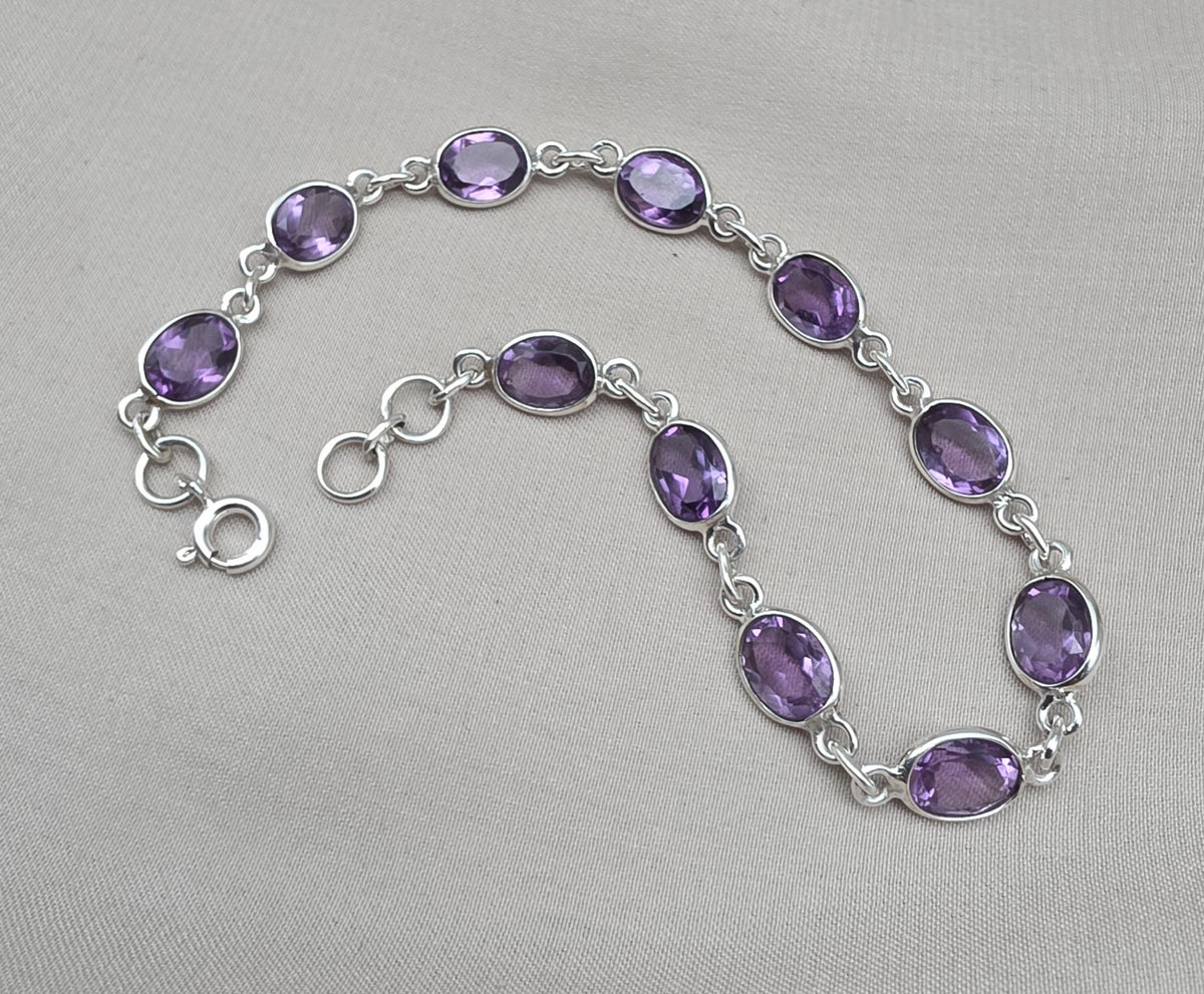 925 Sterling Silver Amethyst Bracelet Natural Purple Gemstone Oval Link Jewelry
