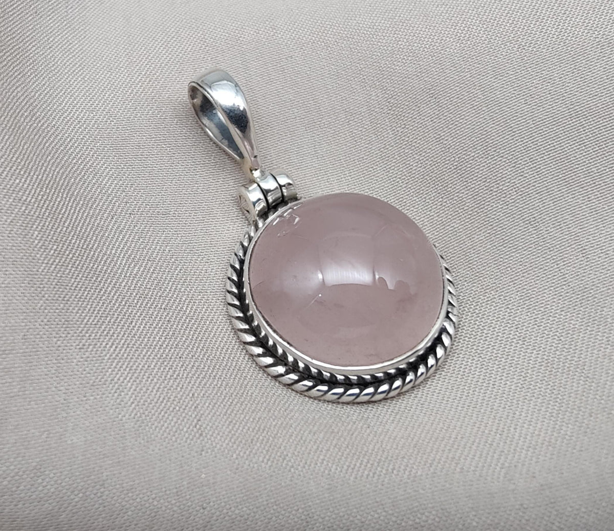 Handmade Rose Quartz Pendant: 925 Sterling Silver Round Necklace