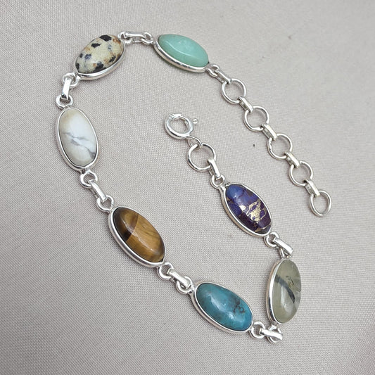 925 Sterling Silver Boho Bracelet Multi Gemstone Colorful Statement Jewelry