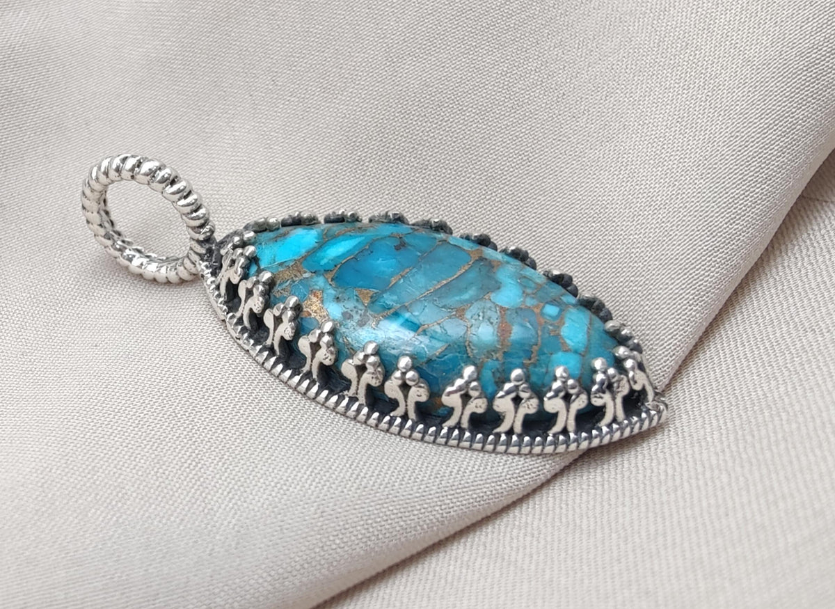 Blue Copper Turquoise Pendant: Sterling Silver Marquise Boho Necklace