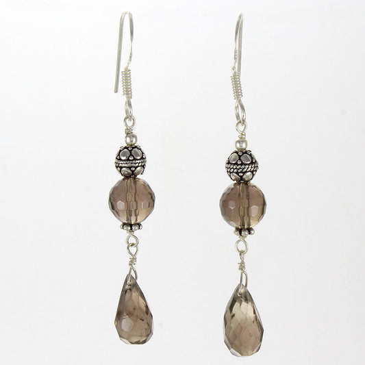 925 SOLID STERLING SILVER NATURAL SMOKY QUARTZ GEMSTONE HOOK EARRING