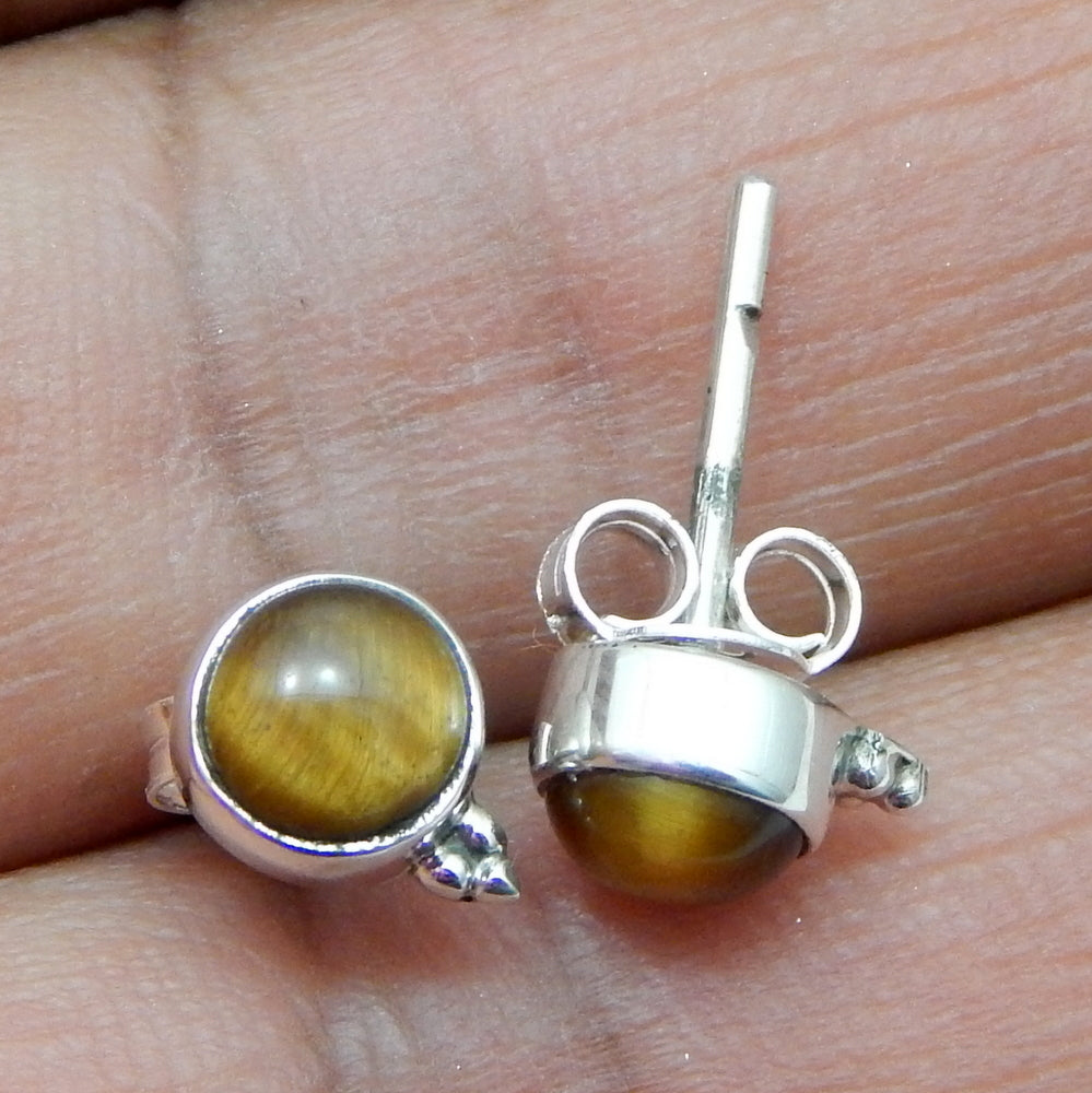925 SOLID STERLING SILVER NATURAL TIGER EYE GEMSTONE STUD EARRING