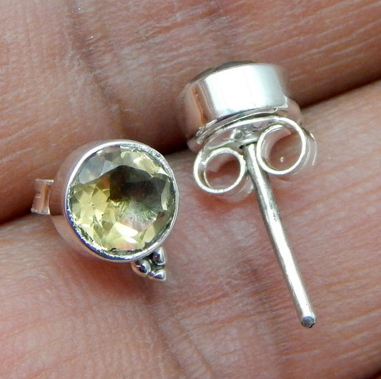 925 SOLID STERLING SILVER NATURAL LEMON QUARTZ GEMSTONE STUD EARRING