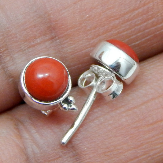 925 SOLID STERLING SILVER NATURAL RED CORAL GEMSTONE STUD EARRING