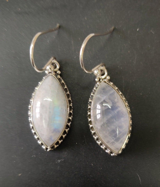 925 SOLID STERLING SILVER NATURAL RAINBOW MOONSTONE GEMSTONE HOOK EARRING