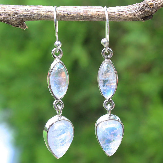 925 SOLID STERLING SILVER NATURAL RAINBOW MOONSTONE GEMSTONE HOOK EARRING