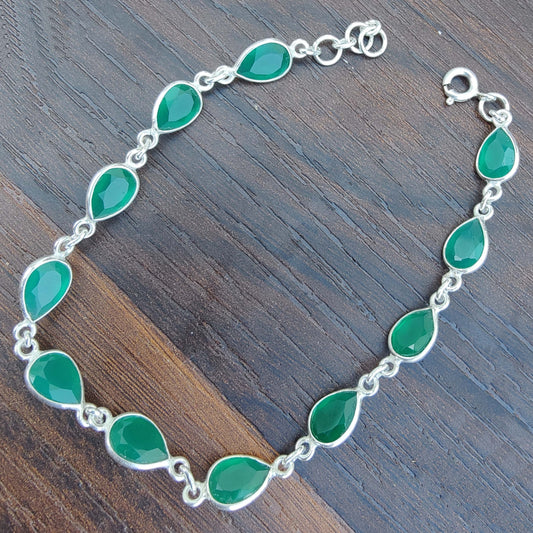 925 SOLID STERLING SILVER NATURAL GREEN ONYX HANDMADE BRACELET,8 INCHES