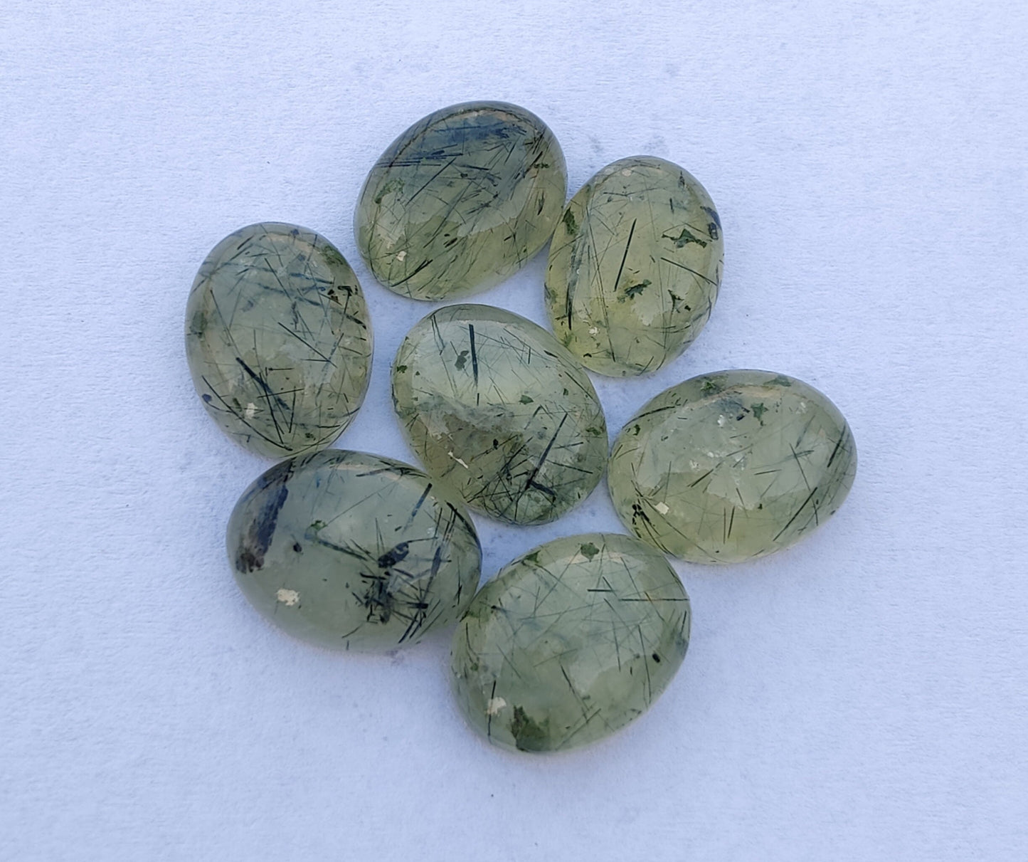 NATURAL PREHNITE RUTILE OVAL SHAPE CABOCHON FLAT BACK CALIBRATED WHOLESALE GEMSTONES, ALL SIZES AVAILABLE