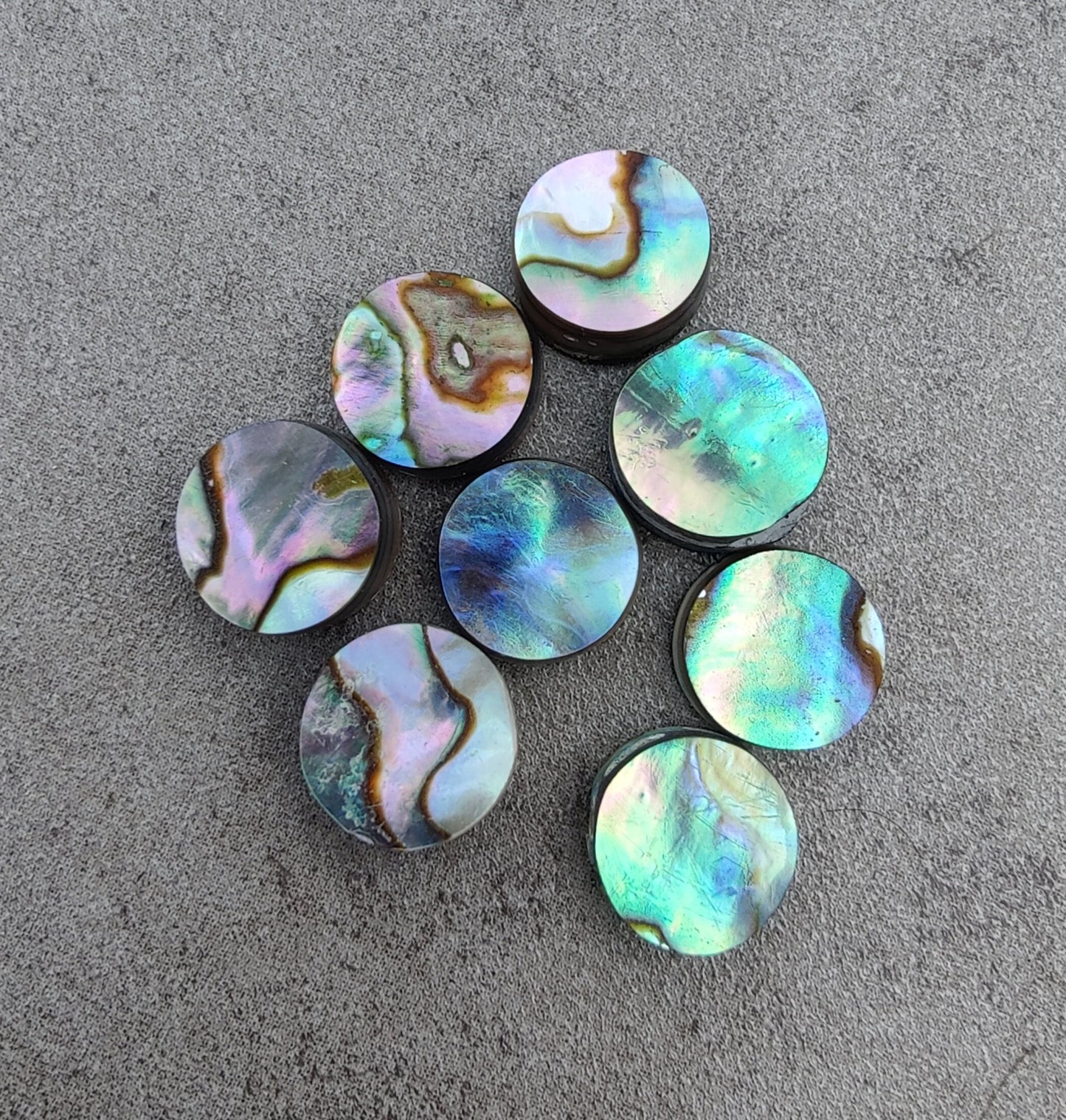 AAA+ QUALITY NATURAL ABALONE SHELL ROUND SHAPE CABOCHON FLAT BACK CALIBRATED WHOLESALE GEMSTONES, ALL SIZES AVAILABLE