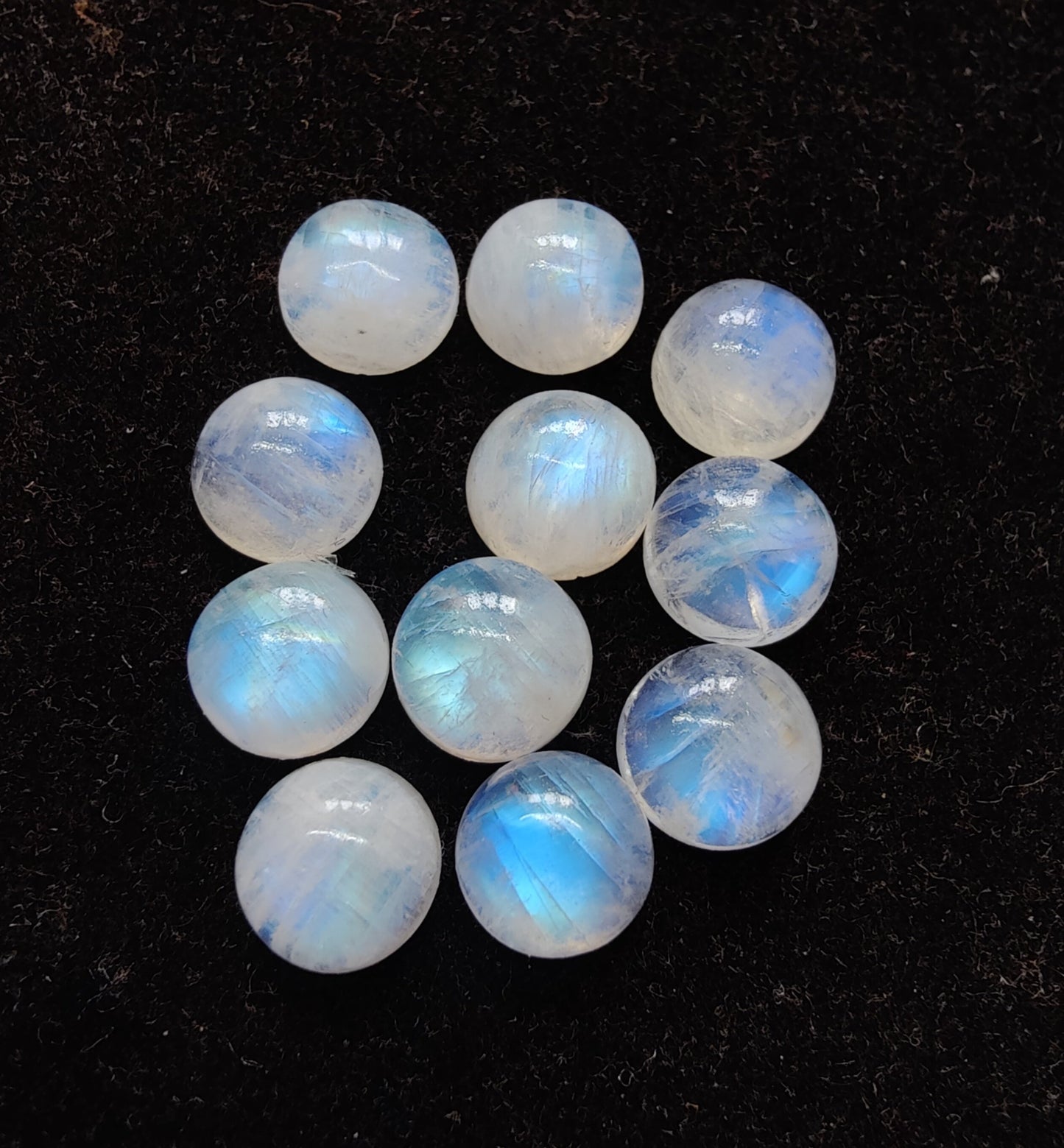 AAA+ QUALITY NATURAL RAINBOW MOONSTONE ROUND SHAPE CABOCHON FLAT BACK CALIBRATED GEMSTONES, ALL SIZES AVAILABLE