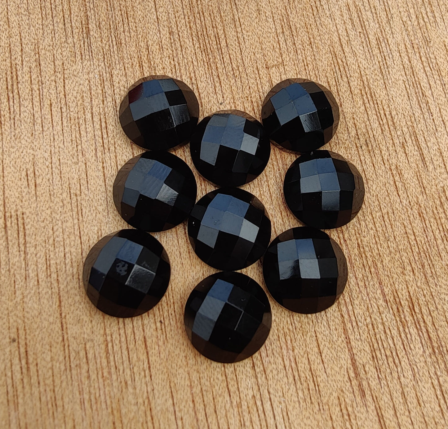 AAA+ QUALITY NATURAL BLACK ONYX ROUND SHAPE CHECKER CUT FLAT BACK CALIBRATED GEMSTONES, ALL SIZES AVAILABLE