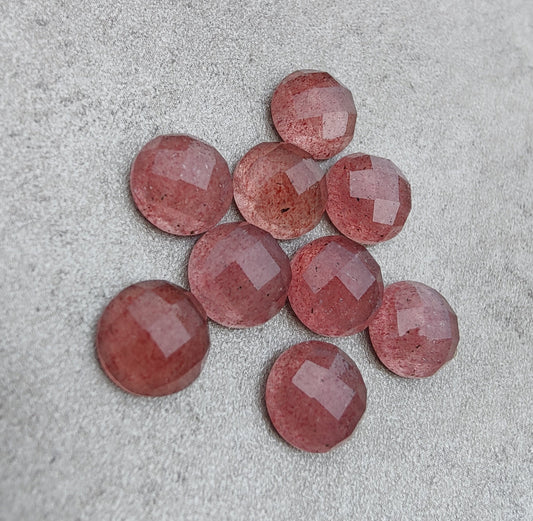 AAA+ QUALITY NATURAL STRAWBERRY QUARTZ ROUND SHAPE CHECKER CUT FLAT BACK CALIBRATED GEMSTONES, ALL SIZES AVAILABLE
