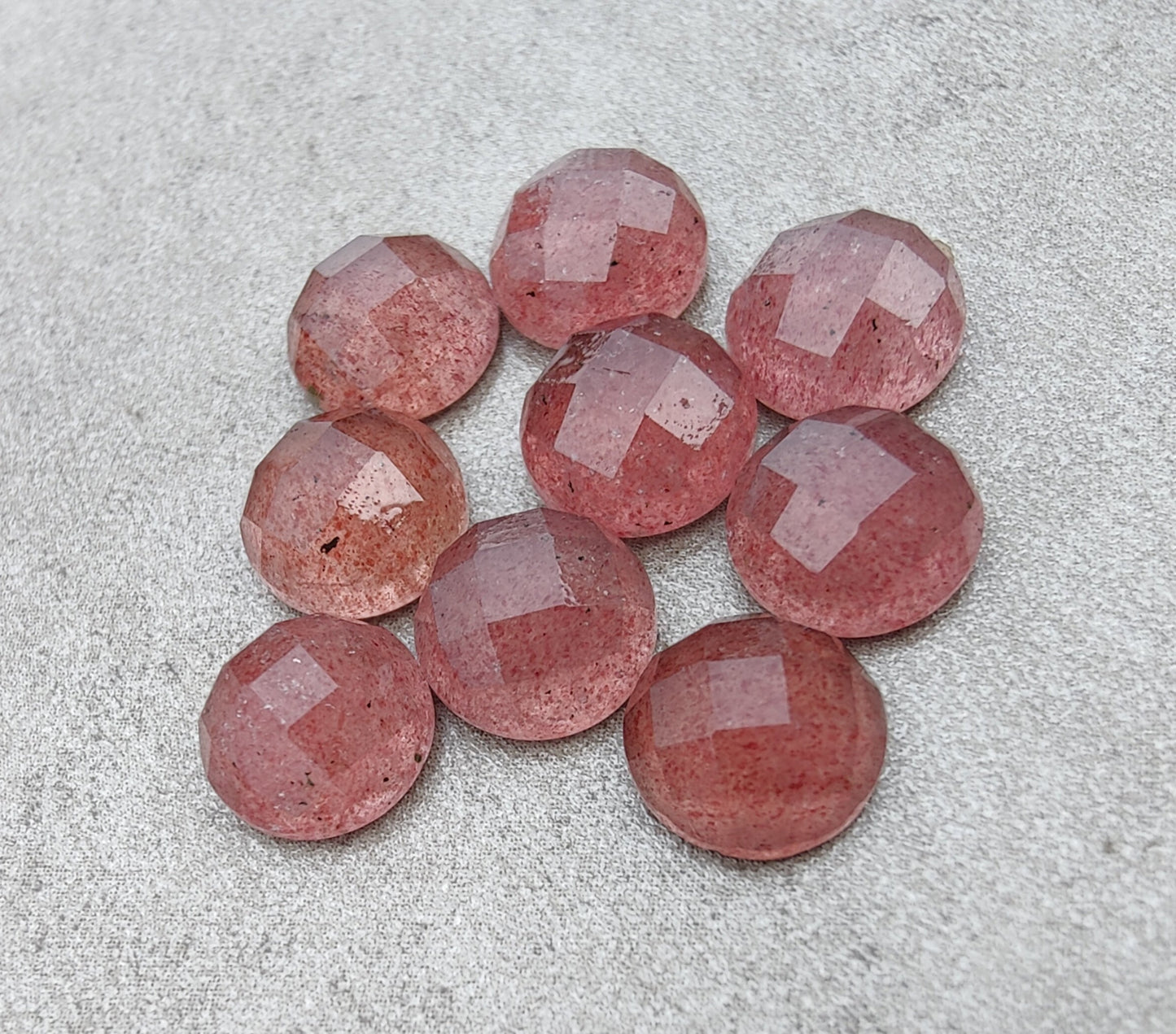 AAA+ QUALITY NATURAL STRAWBERRY QUARTZ ROUND SHAPE CHECKER CUT FLAT BACK CALIBRATED GEMSTONES, ALL SIZES AVAILABLE