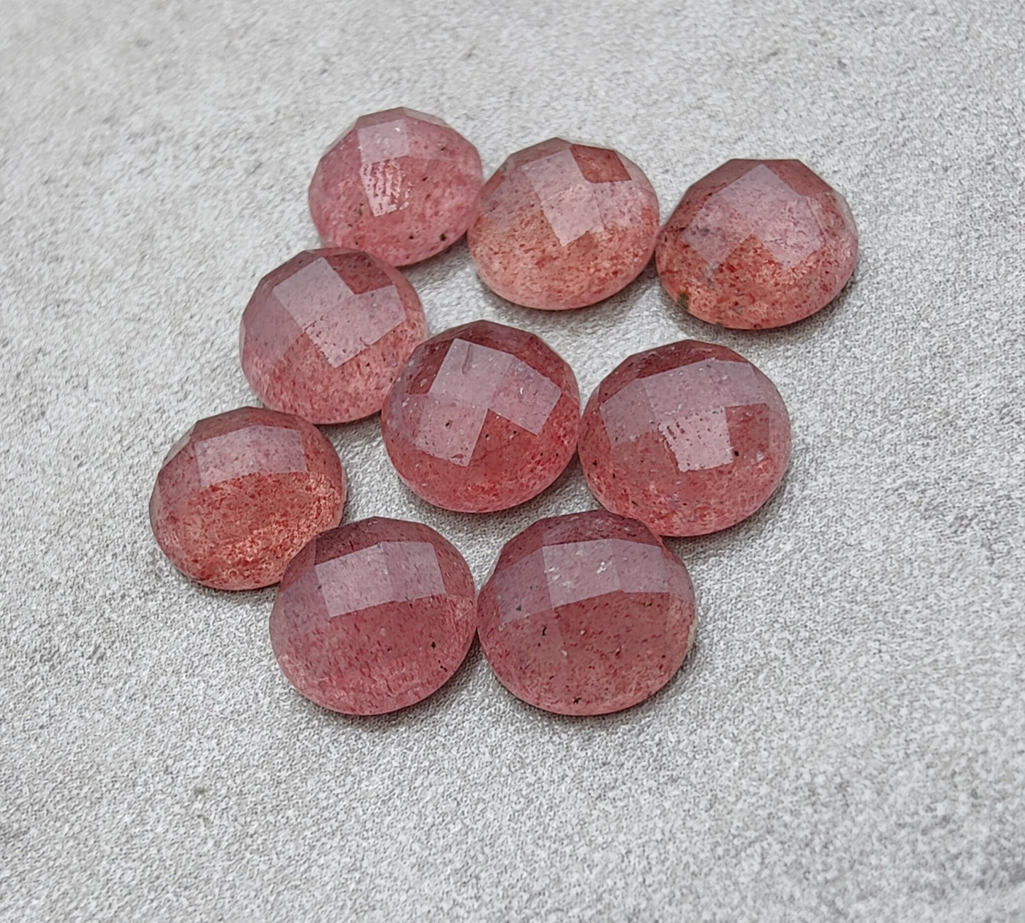 AAA+ QUALITY NATURAL STRAWBERRY QUARTZ ROUND SHAPE CHECKER CUT FLAT BACK CALIBRATED GEMSTONES, ALL SIZES AVAILABLE
