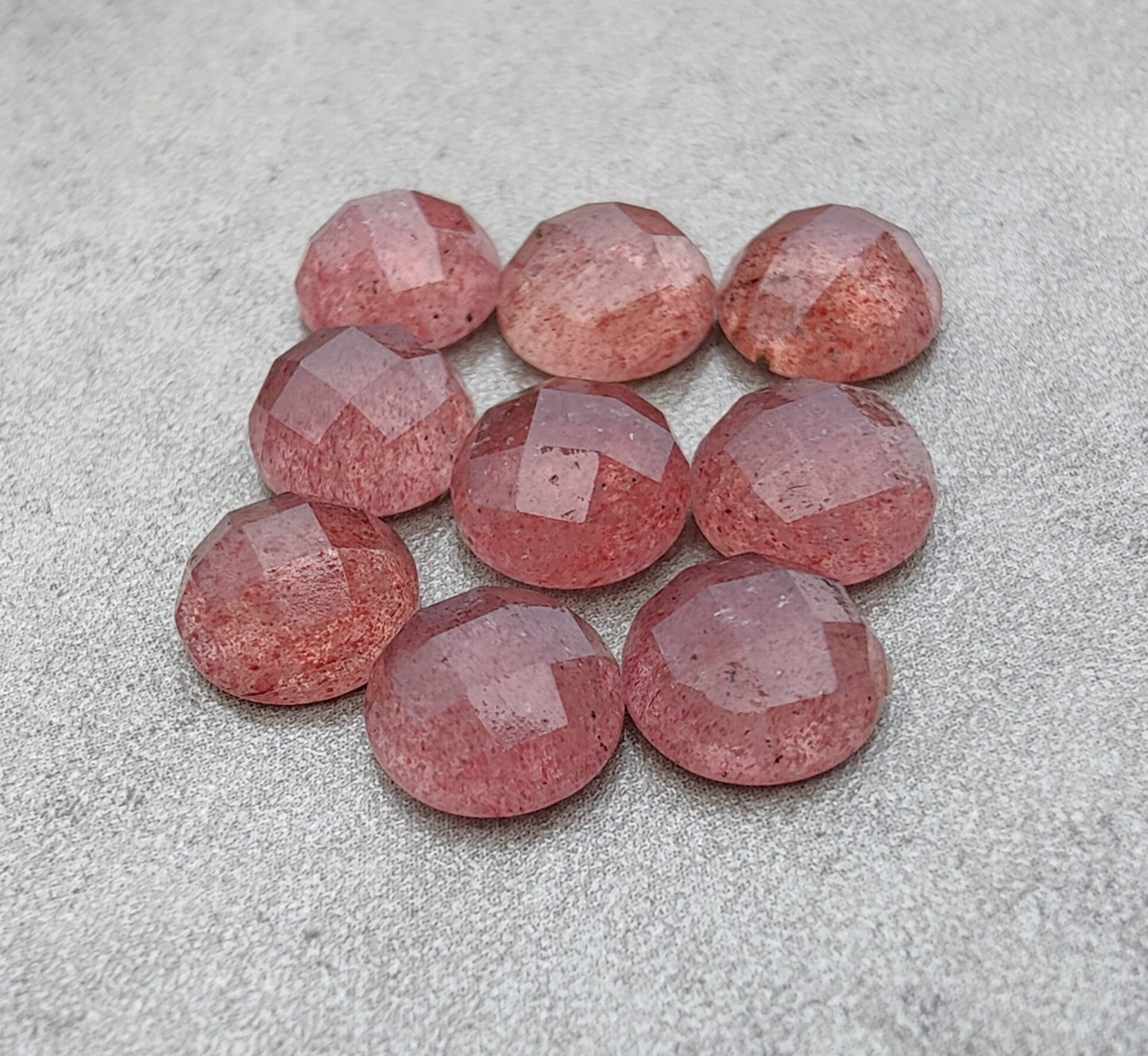 AAA+ QUALITY NATURAL STRAWBERRY QUARTZ ROUND SHAPE CHECKER CUT FLAT BACK CALIBRATED GEMSTONES, ALL SIZES AVAILABLE