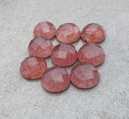 AAA+ QUALITY NATURAL STRAWBERRY QUARTZ ROUND SHAPE CHECKER CUT FLAT BACK CALIBRATED GEMSTONES, ALL SIZES AVAILABLE