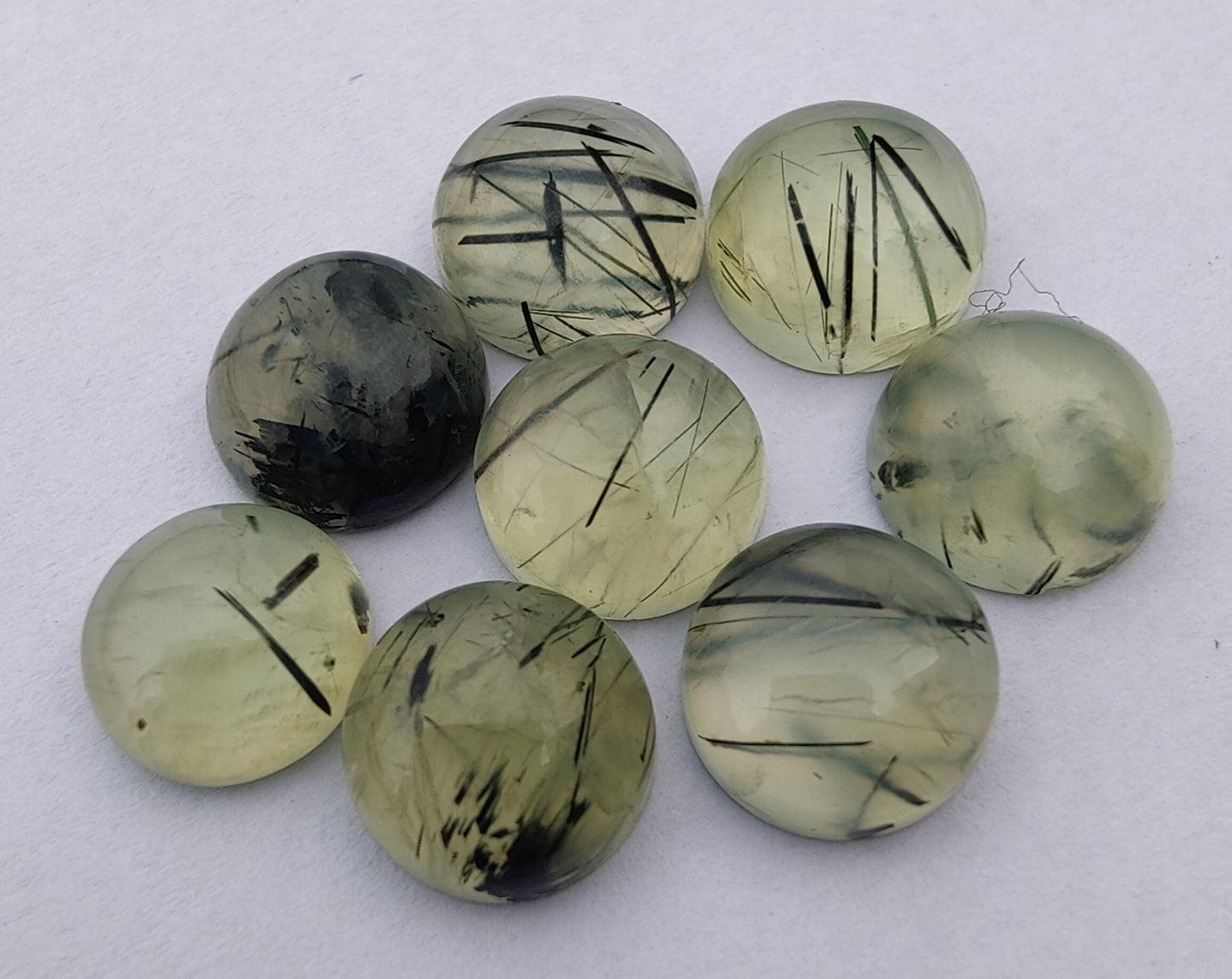 AAA+ QUALITY NATURAL PREHNITE RUTILE ROUND SHAPE CABOCHON FLAT BACK CALIBRATED ROUND SHAPE GEMSTONES, ALL SIZES AVAILABLE