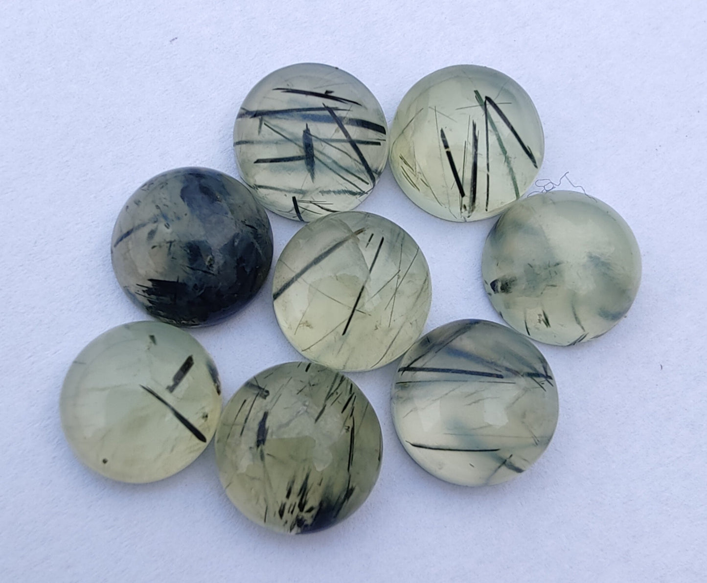 AAA+ QUALITY NATURAL PREHNITE RUTILE ROUND SHAPE CABOCHON FLAT BACK CALIBRATED ROUND SHAPE GEMSTONES, ALL SIZES AVAILABLE