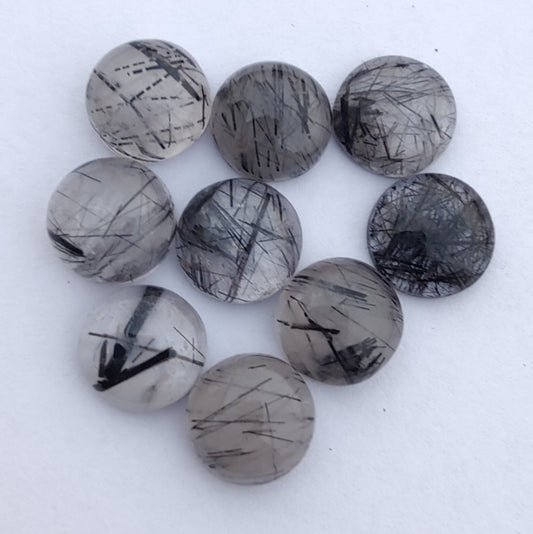 AAA+ QUALITY NATURAL BLACK RUTILE ROUND SHAPE CABOCHON FLAT BACK CALIBRATED GEMSTONES, ALL SIZES AVAILABLE