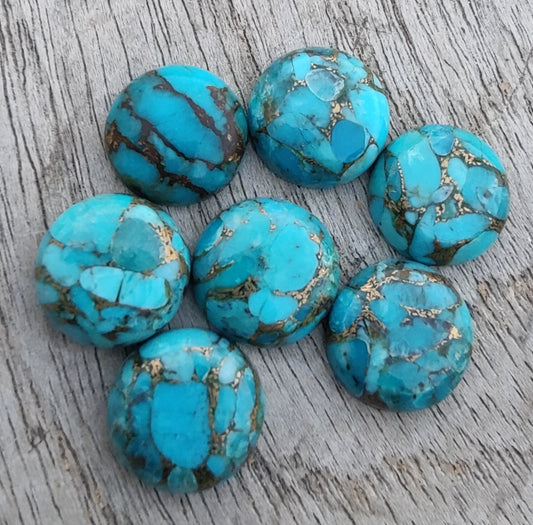 AAA+ QUALITY NATURAL BLUE COPPER TURQUOISE ROUND SHAPE CABOCHON FLAT BACK CALIBRATED GEMSTONES, ALL SIZES AVAILABLE