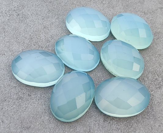 NATURAL BLUE CHALCEDONY CHECKER CUT OVAL SHAPE FLAT BACK CALIBRATED GEMSTONES, ALL SIZES AVAILABLE