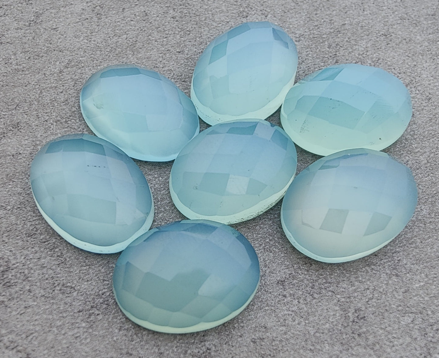 NATURAL BLUE CHALCEDONY CHECKER CUT OVAL SHAPE FLAT BACK CALIBRATED GEMSTONES, ALL SIZES AVAILABLE