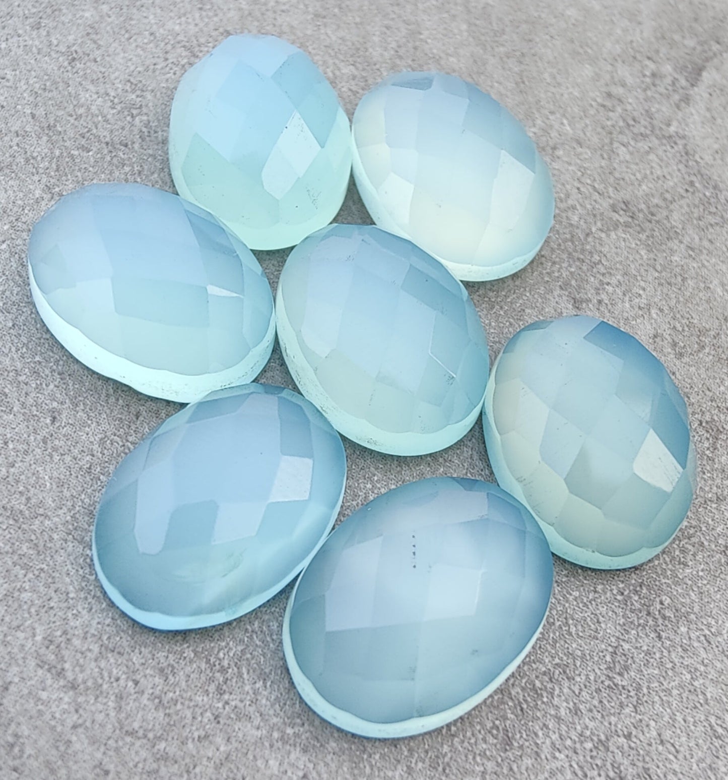NATURAL BLUE CHALCEDONY CHECKER CUT OVAL SHAPE FLAT BACK CALIBRATED GEMSTONES, ALL SIZES AVAILABLE