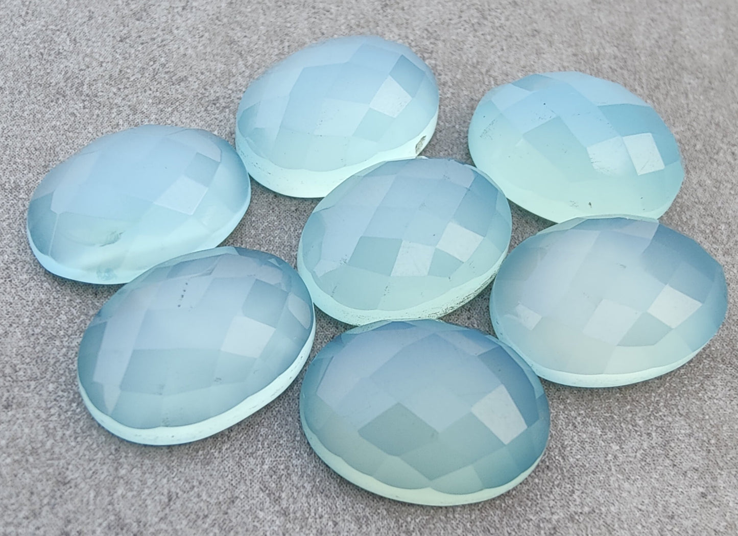 NATURAL BLUE CHALCEDONY CHECKER CUT OVAL SHAPE FLAT BACK CALIBRATED GEMSTONES, ALL SIZES AVAILABLE