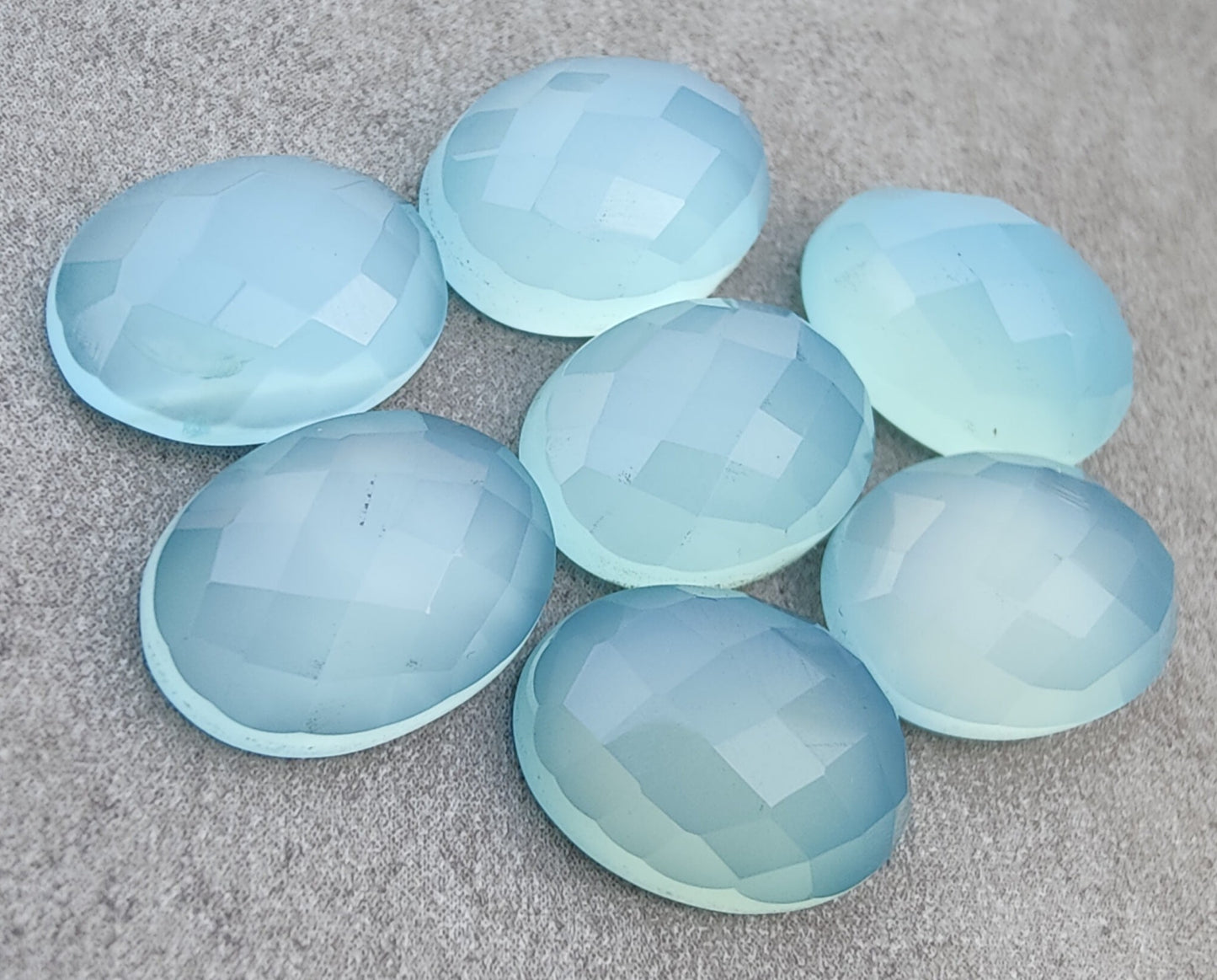 NATURAL BLUE CHALCEDONY CHECKER CUT OVAL SHAPE FLAT BACK CALIBRATED GEMSTONES, ALL SIZES AVAILABLE