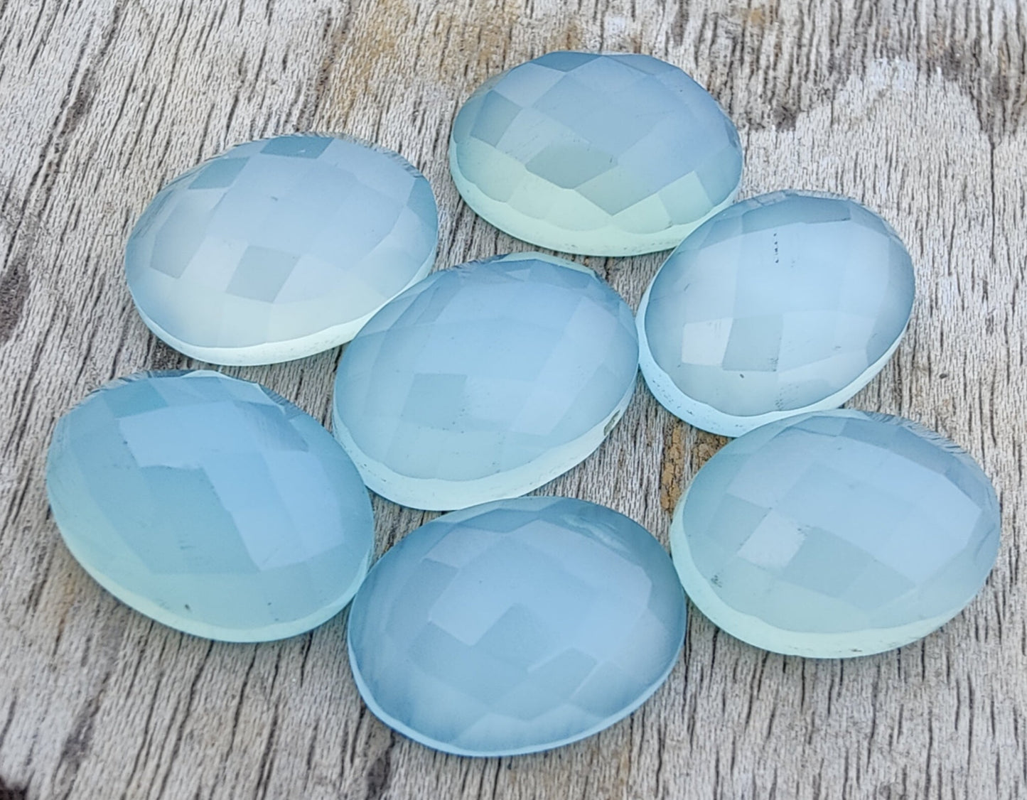 NATURAL BLUE CHALCEDONY CHECKER CUT OVAL SHAPE FLAT BACK CALIBRATED GEMSTONES, ALL SIZES AVAILABLE