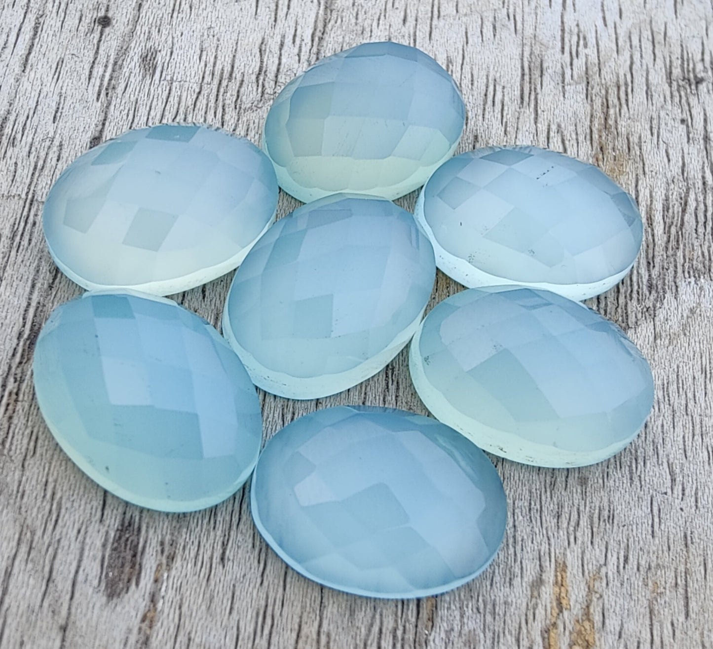 NATURAL BLUE CHALCEDONY CHECKER CUT OVAL SHAPE FLAT BACK CALIBRATED GEMSTONES, ALL SIZES AVAILABLE