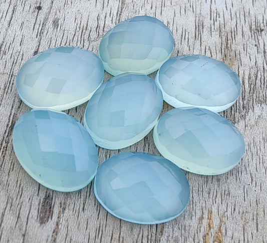 NATURAL BLUE CHALCEDONY CHECKER CUT OVAL SHAPE FLAT BACK CALIBRATED GEMSTONES, ALL SIZES AVAILABLE