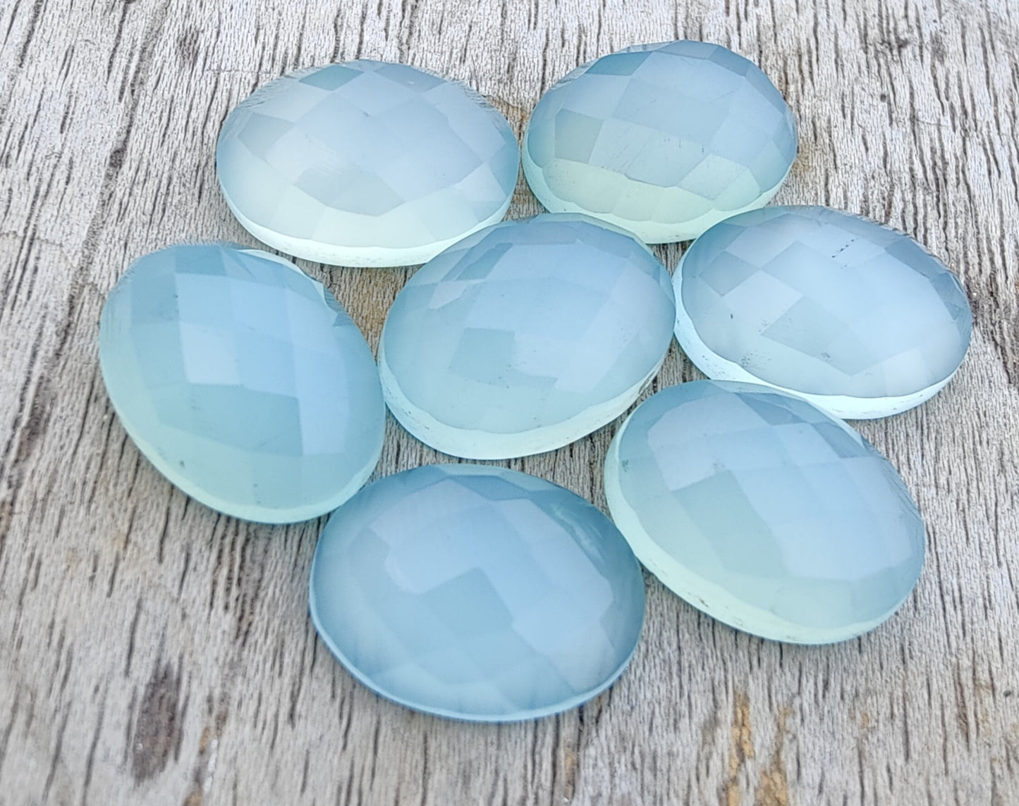 NATURAL BLUE CHALCEDONY CHECKER CUT OVAL SHAPE FLAT BACK CALIBRATED GEMSTONES, ALL SIZES AVAILABLE