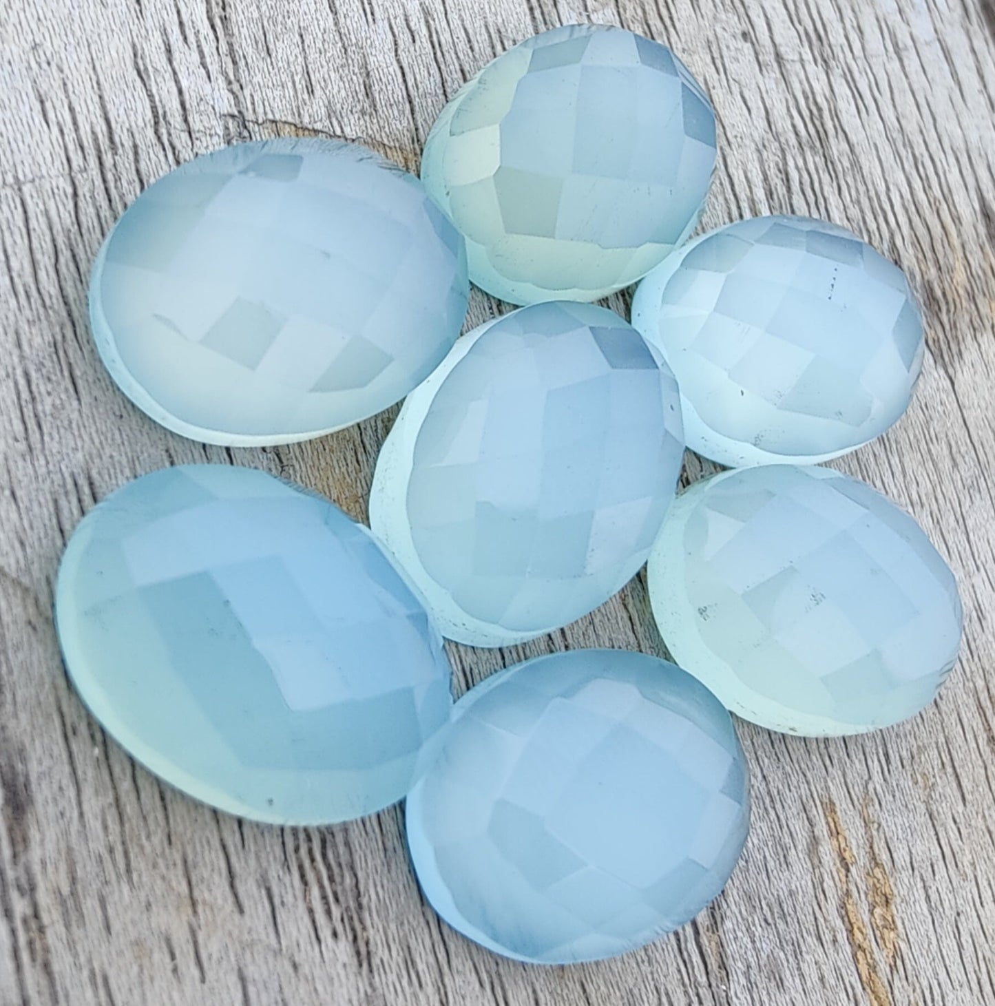 NATURAL BLUE CHALCEDONY CHECKER CUT OVAL SHAPE FLAT BACK CALIBRATED GEMSTONES, ALL SIZES AVAILABLE