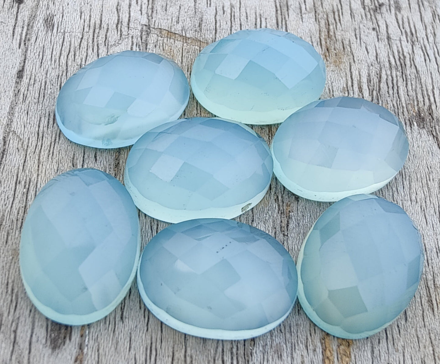 NATURAL BLUE CHALCEDONY CHECKER CUT OVAL SHAPE FLAT BACK CALIBRATED GEMSTONES, ALL SIZES AVAILABLE
