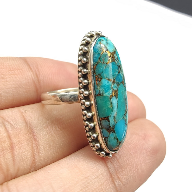 925 SOLID STERLING SILVER NATURAL BLUE COPPER TURQUOISE GEMSTONES HANDMADE RING, ALL SIZES AVAILABLE