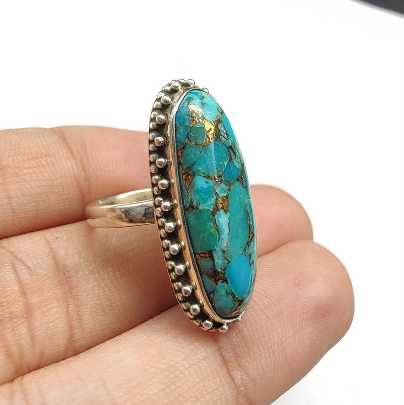 925 SOLID STERLING SILVER NATURAL BLUE COPPER TURQUOISE GEMSTONES HANDMADE RING, ALL SIZES AVAILABLE