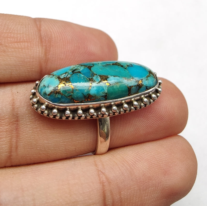 925 SOLID STERLING SILVER NATURAL BLUE COPPER TURQUOISE GEMSTONES HANDMADE RING, ALL SIZES AVAILABLE
