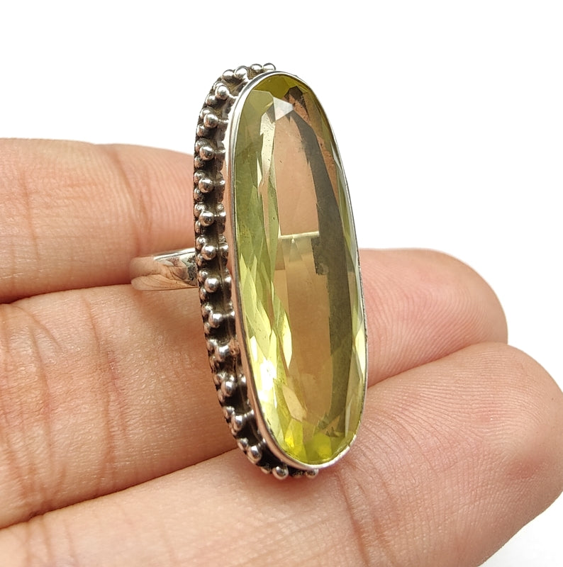 925 SOLID STERLING SILVER NATURAL LEMON QUARTZ GEMSTONES HANDMADE RING, ALL SIZES AVAILABLE