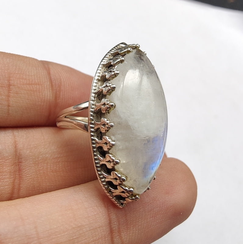 925 SOLID STERLING SILVER NATURAL RAINBOW MOONSTONE GEMSTONES HANDMADE RING, ALL SIZES AVAILABLE