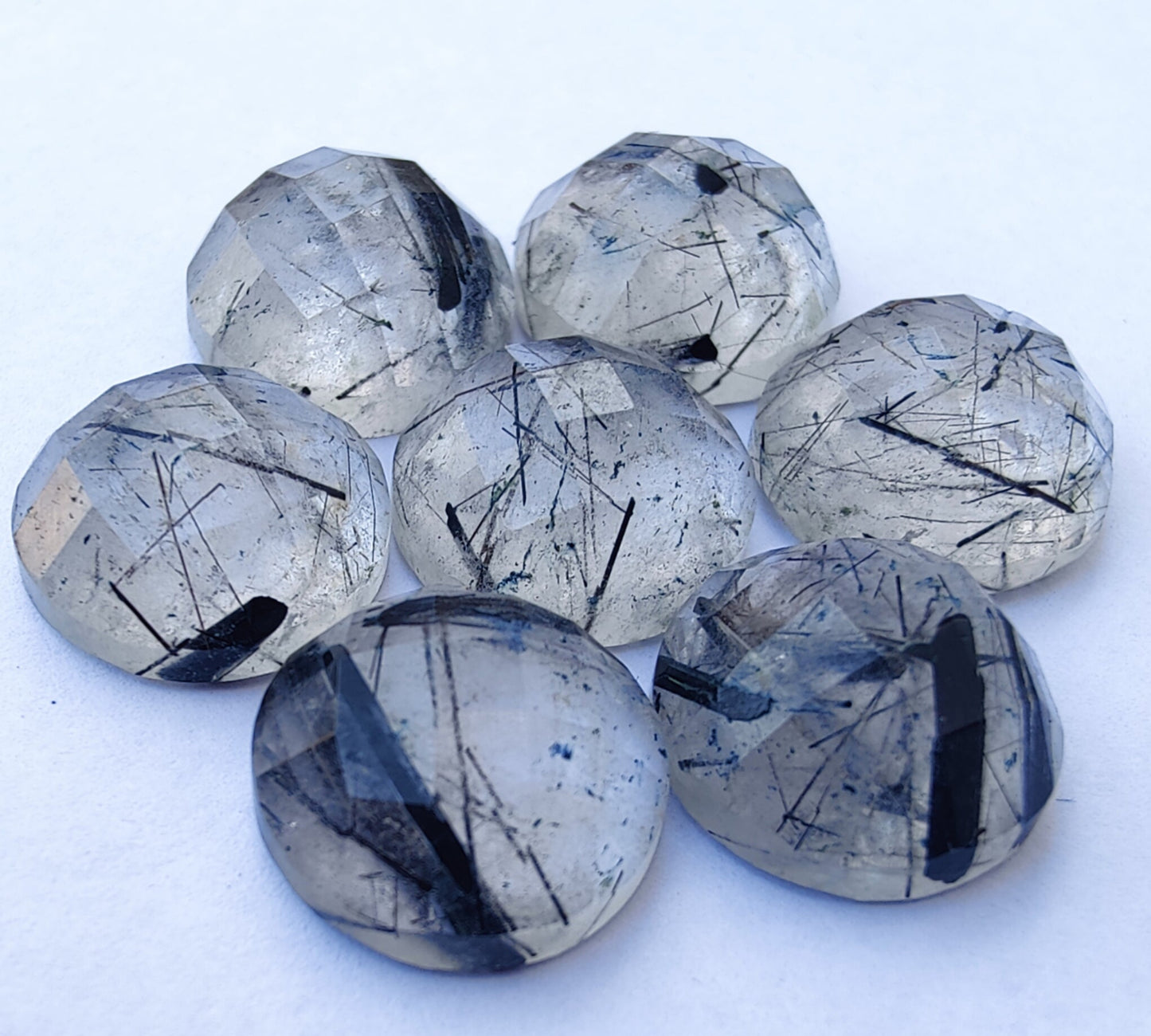 AAA+ QUALITY NATURAL BLACK RUTILE ROUND SHAPE CHECKER CUT FLAT BACK CALIBRATED GEMSTONES, ALL SIZES AVAILABLE (Copy)